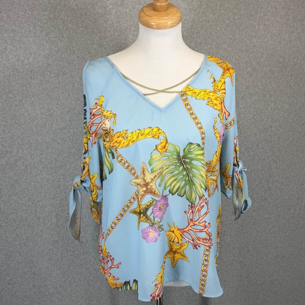BOLD Elements Coastal Chain Print Blouse Cold Shoulder Tie Sleeve Top Medium